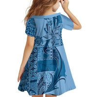 Talofa Samoa Mamanu Siapo Mix Malu Family Matching Short Sleeve Bodycon Dress and Hawaiian Shirt Cool Blue Frangipani and Turtles