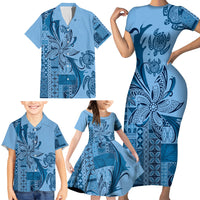 Talofa Samoa Mamanu Siapo Mix Malu Family Matching Short Sleeve Bodycon Dress and Hawaiian Shirt Cool Blue Frangipani and Turtles