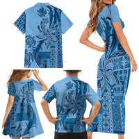 Talofa Samoa Mamanu Siapo Mix Malu Family Matching Short Sleeve Bodycon Dress and Hawaiian Shirt Cool Blue Frangipani and Turtles