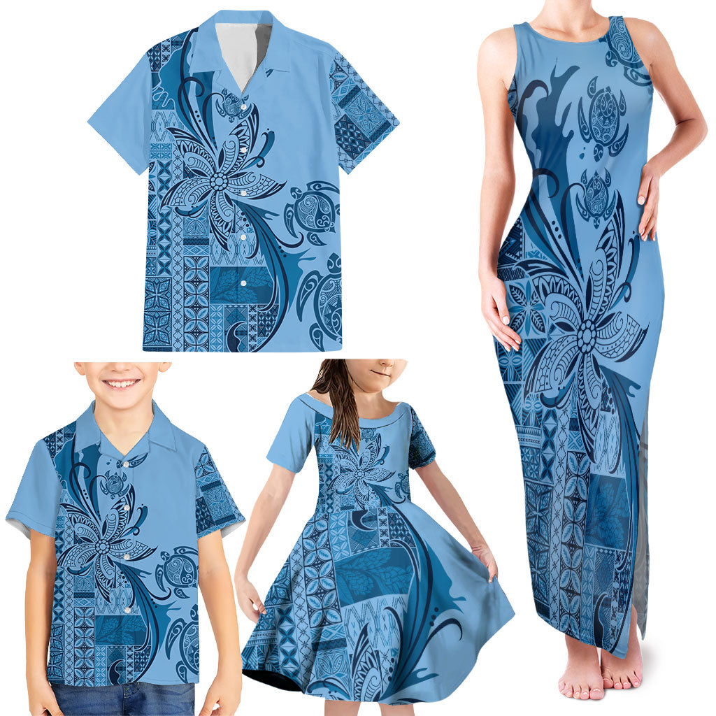 Talofa Samoa Mamanu Siapo Mix Malu Family Matching Tank Maxi Dress and Hawaiian Shirt Cool Blue Frangipani and Turtles