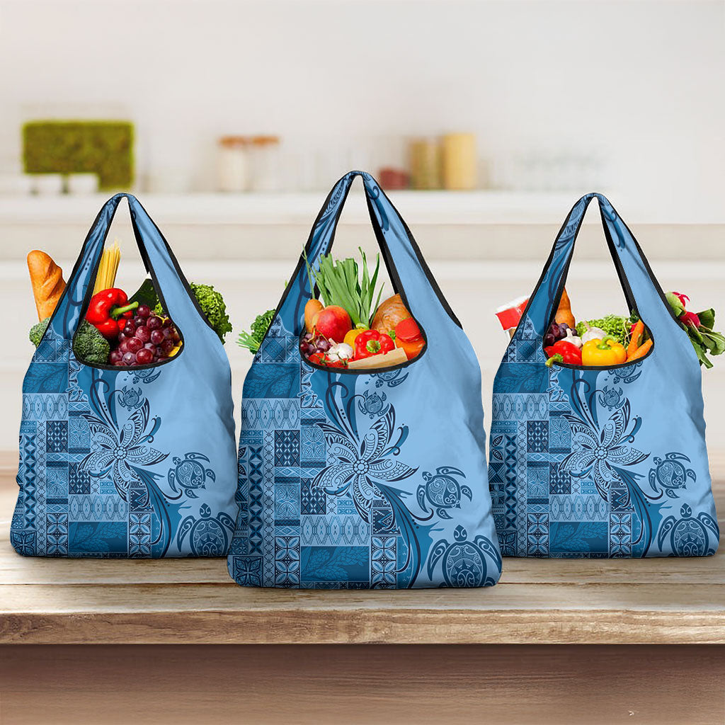 Talofa Samoa Mamanu Siapo Mix Malu Grocery Bag Cool Blue Frangipani and Turtles LT7 3-pack One Size Blue - Polynesian Pride