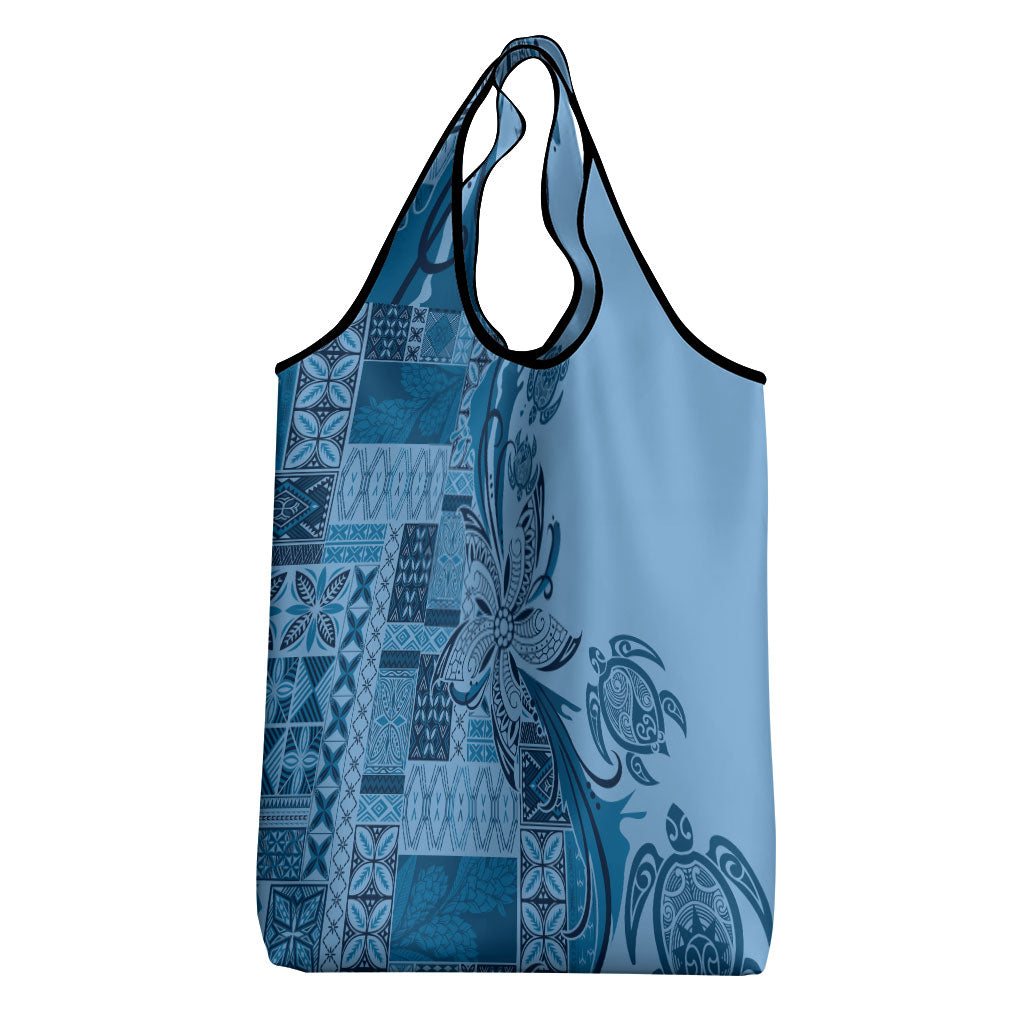 Talofa Samoa Mamanu Siapo Mix Malu Grocery Bag Cool Blue Frangipani and Turtles LT7 - Polynesian Pride