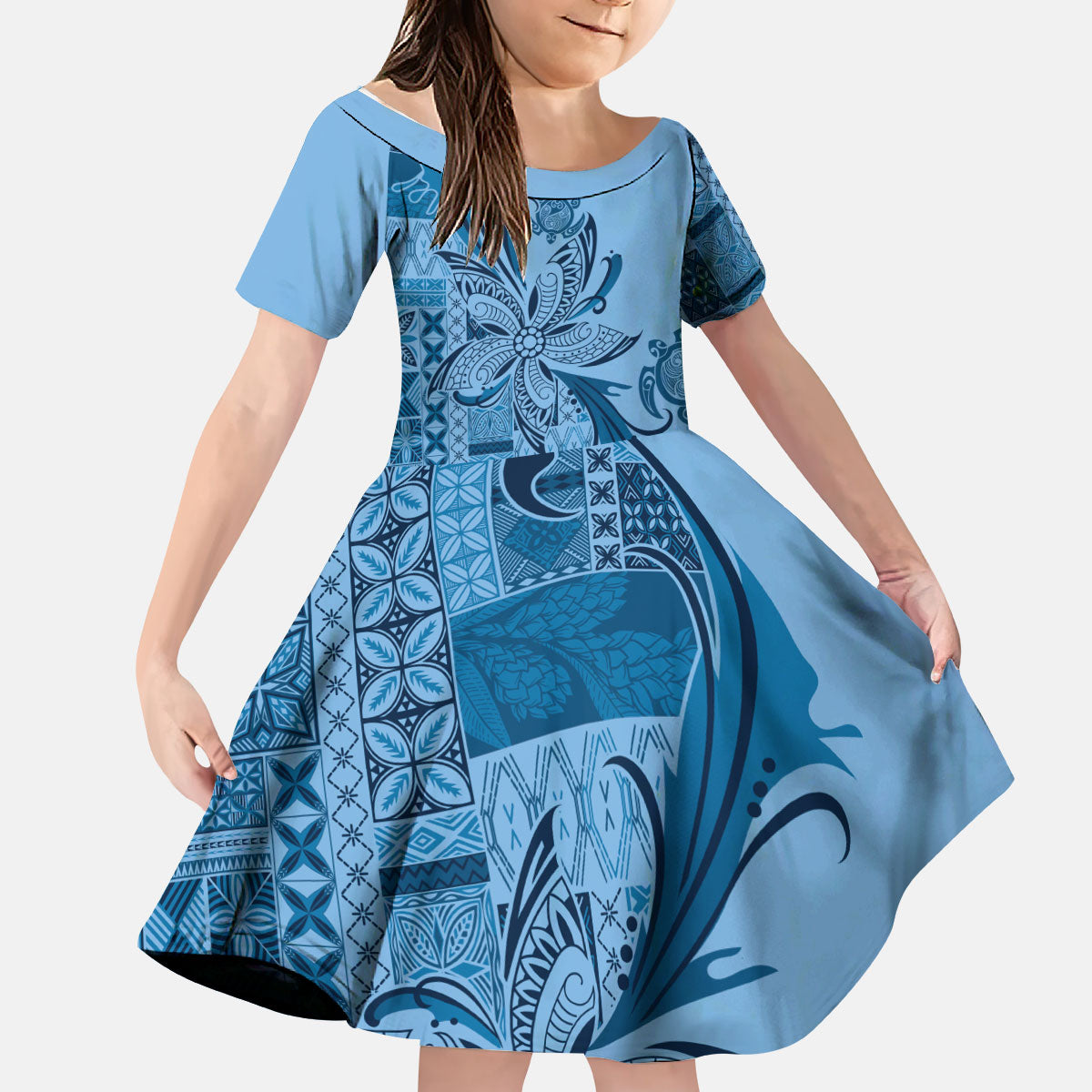 Talofa Samoa Mamanu Siapo Mix Malu Kid Short Sleeve Dress Cool Blue Frangipani and Turtles