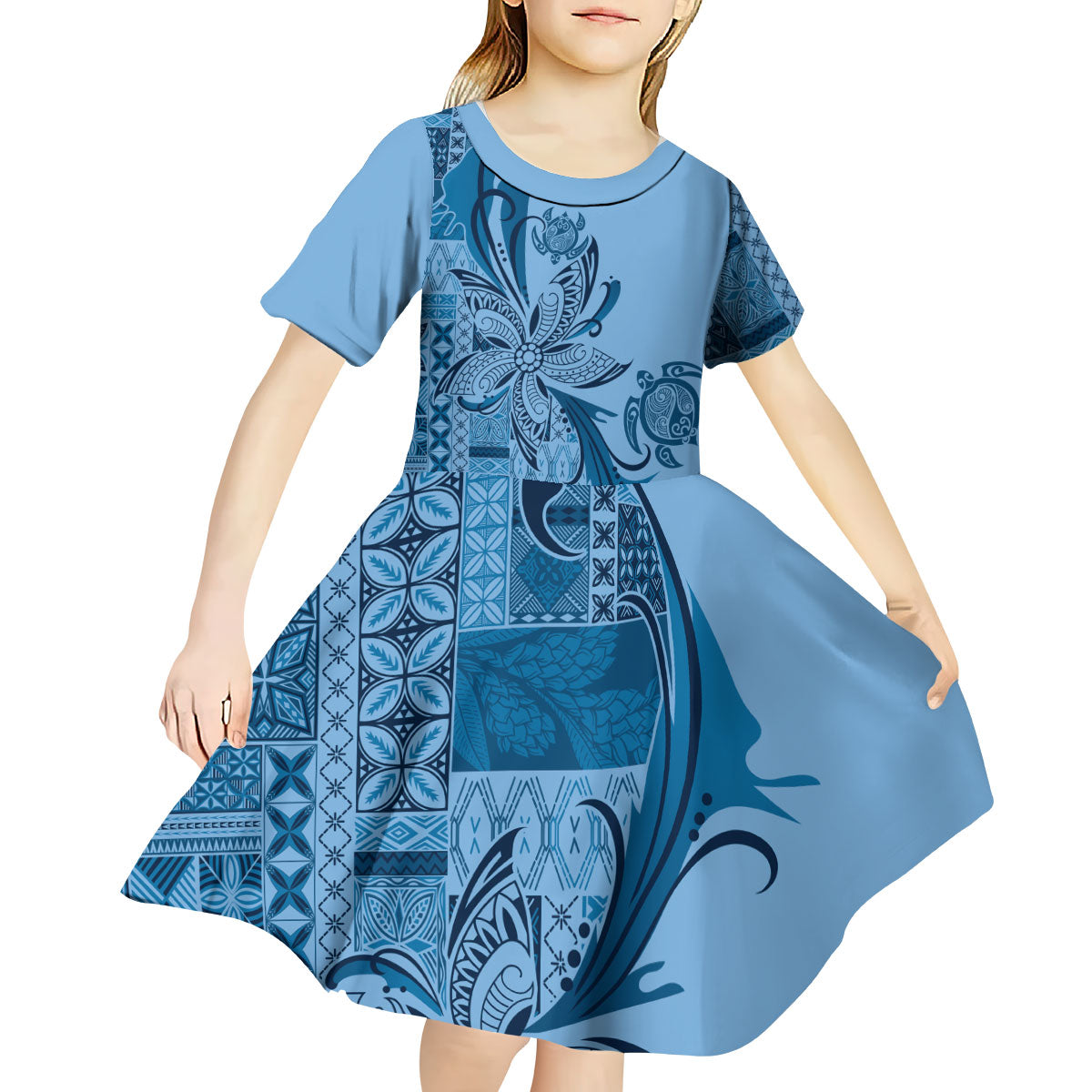 Talofa Samoa Mamanu Siapo Mix Malu Kid Short Sleeve Dress Cool Blue Frangipani and Turtles