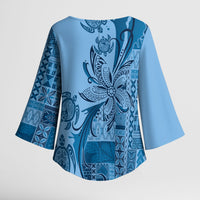 Talofa Samoa Mamanu Siapo Mix Malu Kimono Sleeve Blouse Cool Blue Frangipani and Turtles