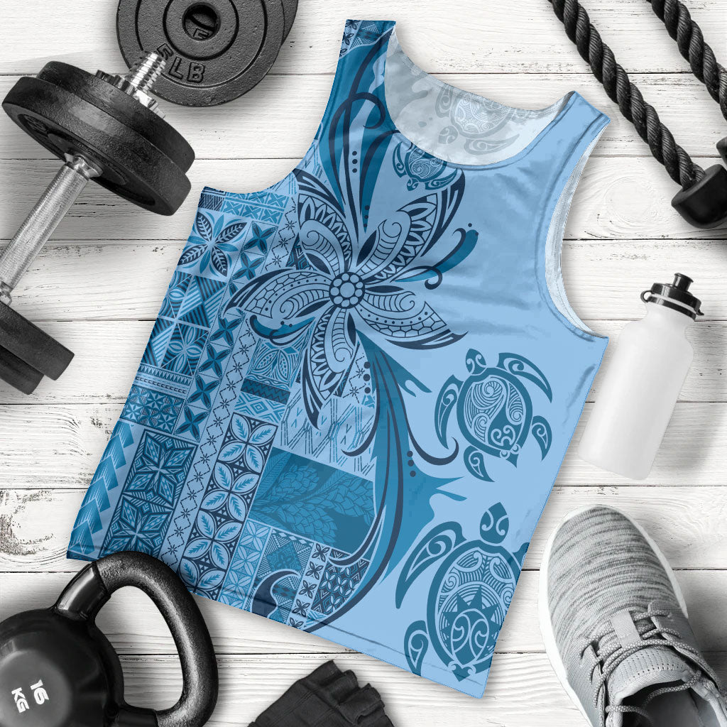 Talofa Samoa Mamanu Siapo Mix Malu Men Tank Top Cool Blue Frangipani and Turtles LT7 - Polynesian Pride