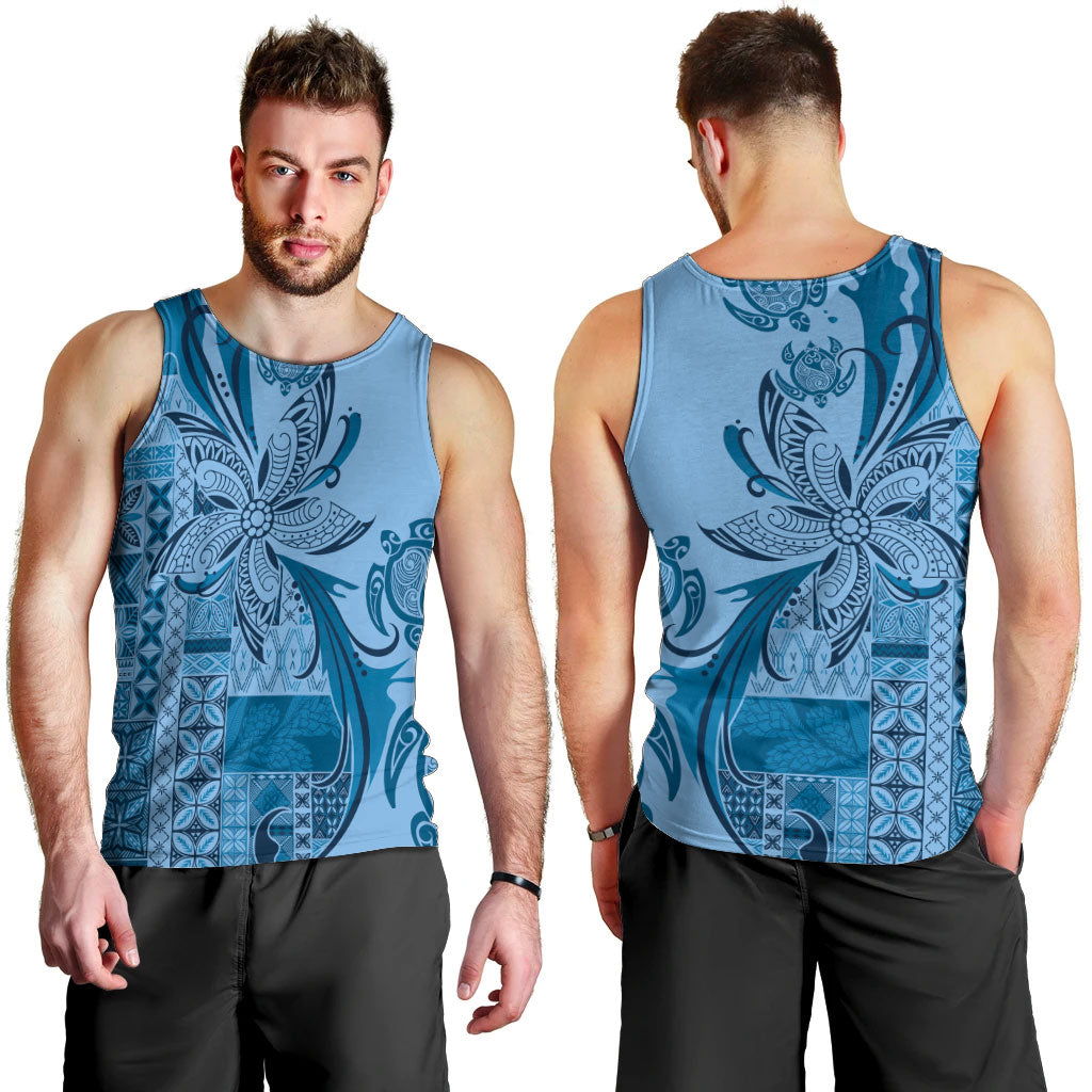 Talofa Samoa Mamanu Siapo Mix Malu Men Tank Top Cool Blue Frangipani and Turtles LT7 - Polynesian Pride