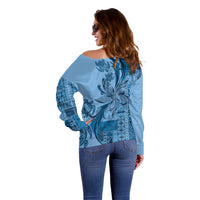 Talofa Samoa Mamanu Siapo Mix Malu Off Shoulder Sweater Cool Blue Frangipani and Turtles