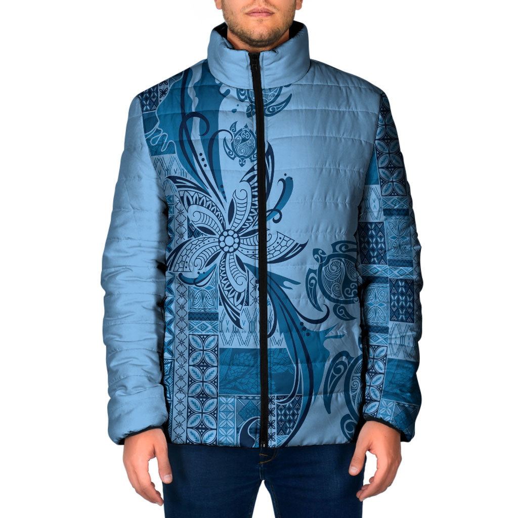 Talofa Samoa Mamanu Siapo Mix Malu Padded Jacket Cool Blue Frangipani and Turtles