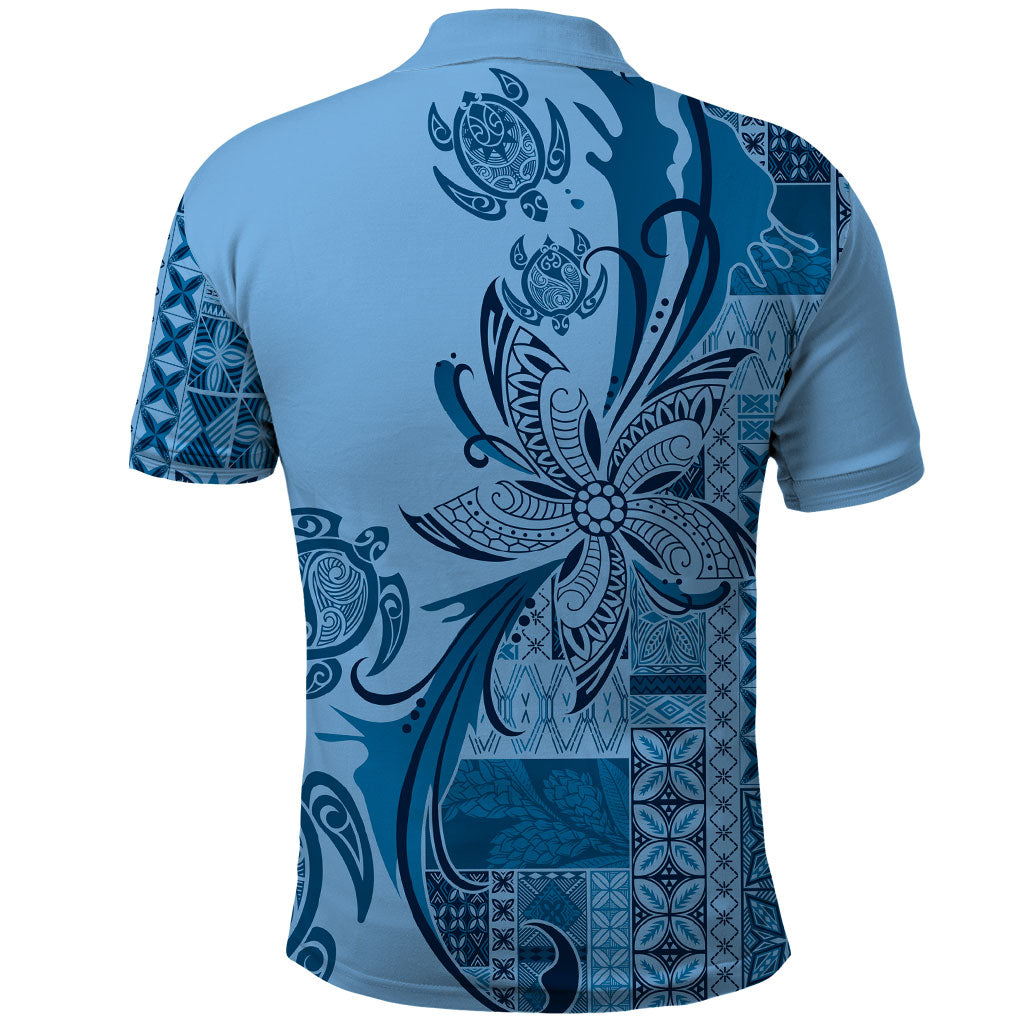 Talofa Samoa Mamanu Siapo Mix Malu Polo Shirt Cool Blue Frangipani and Turtles