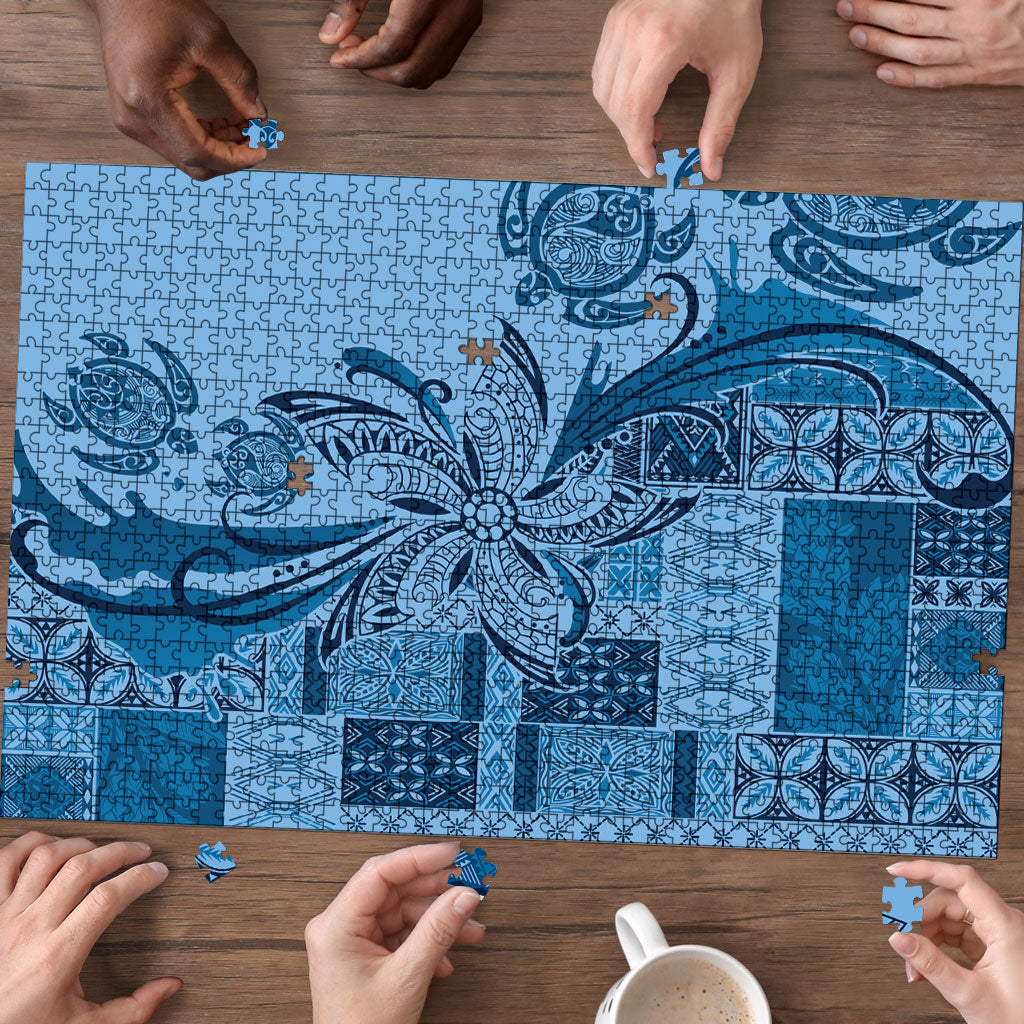 Talofa Samoa Mamanu Siapo Mix Malu Puzzle Cool Blue Frangipani and Turtles