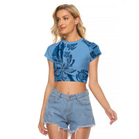 Talofa Samoa Mamanu Siapo Mix Malu Raglan Cropped T Shirt Cool Blue Frangipani and Turtles