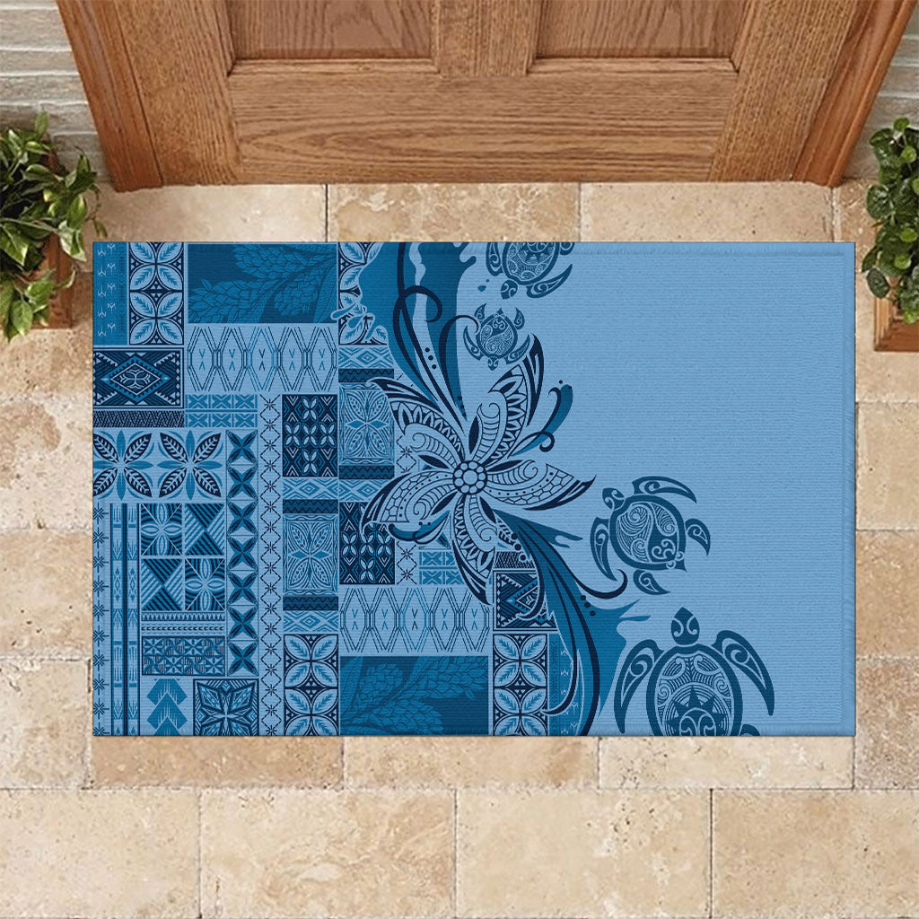 Talofa Samoa Mamanu Siapo Mix Malu Rubber Doormat Cool Blue Frangipani and Turtles