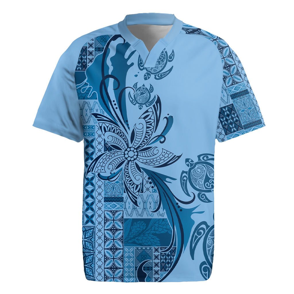 Talofa Samoa Mamanu Siapo Mix Malu Rugby Jersey Cool Blue Frangipani and Turtles LT7 Blue - Polynesian Pride