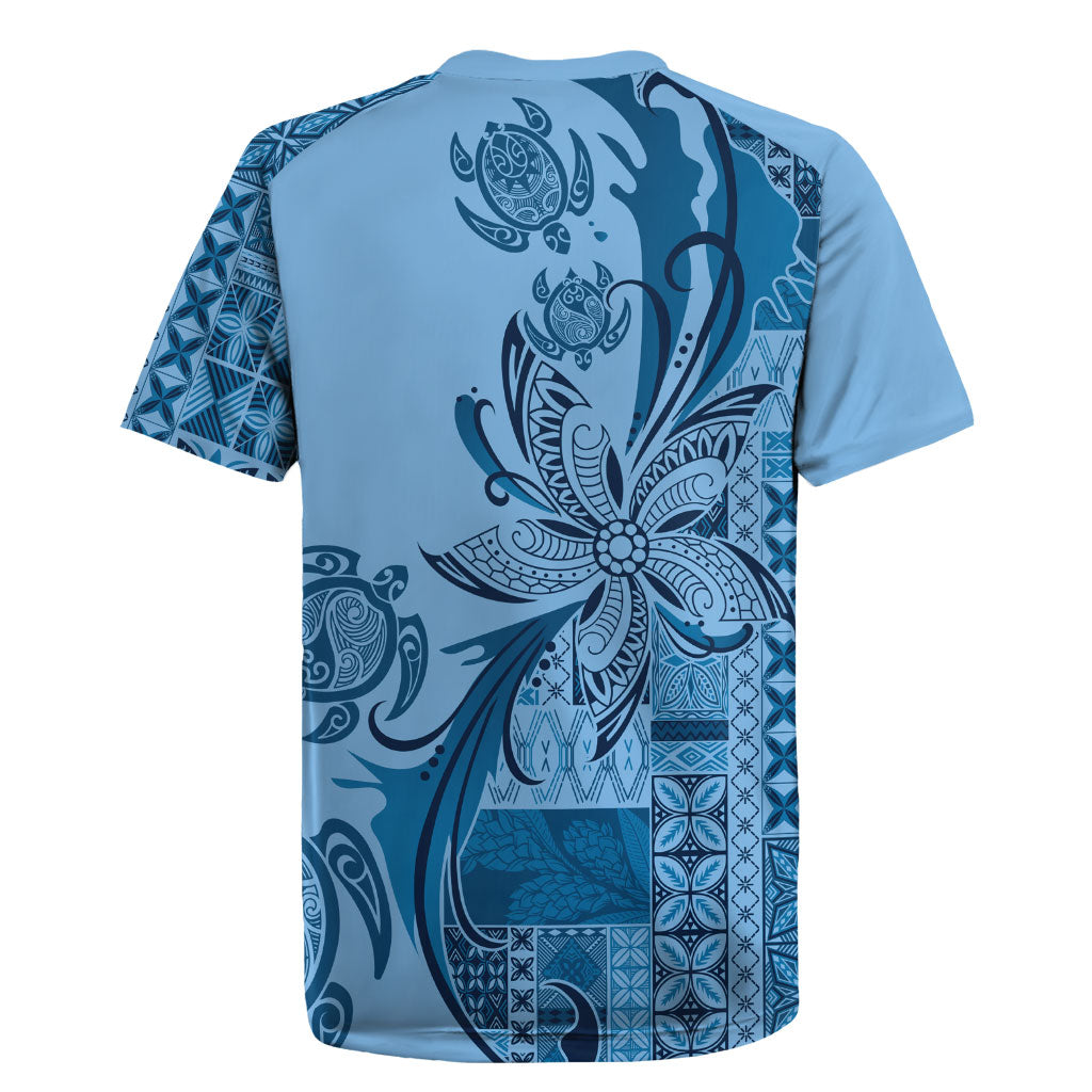 Talofa Samoa Mamanu Siapo Mix Malu Rugby Jersey Cool Blue Frangipani and Turtles LT7 - Polynesian Pride