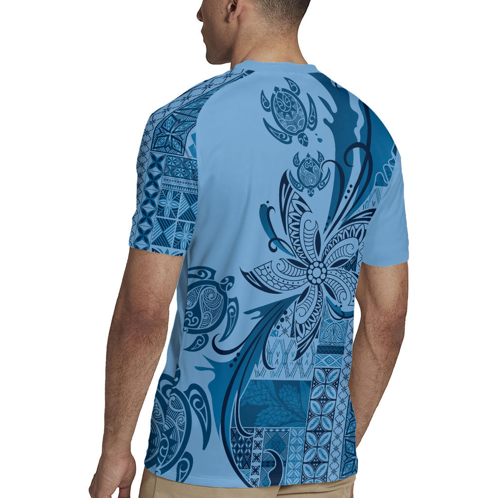 Talofa Samoa Mamanu Siapo Mix Malu Rugby Jersey Cool Blue Frangipani and Turtles LT7 - Polynesian Pride