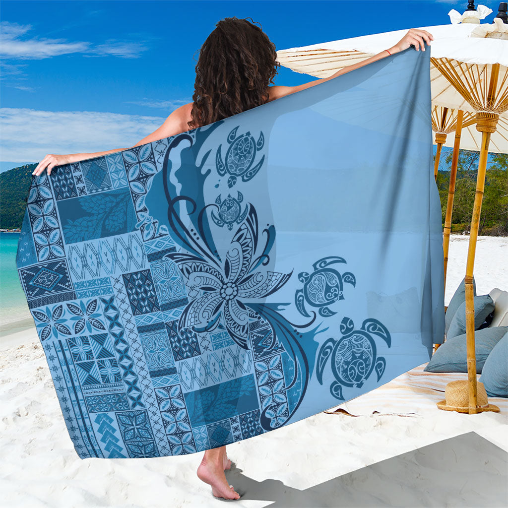 Talofa Samoa Mamanu Siapo Mix Malu Sarong Cool Blue Frangipani and Turtles LT7 One Size 44 x 66 inches Blue - Polynesian Pride