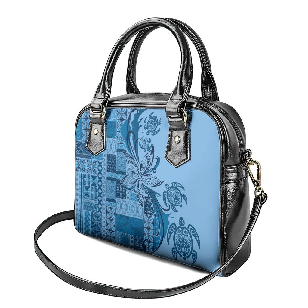 Talofa Samoa Mamanu Siapo Mix Malu Shoulder Handbag Cool Blue Frangipani and Turtles LT7 - Polynesian Pride
