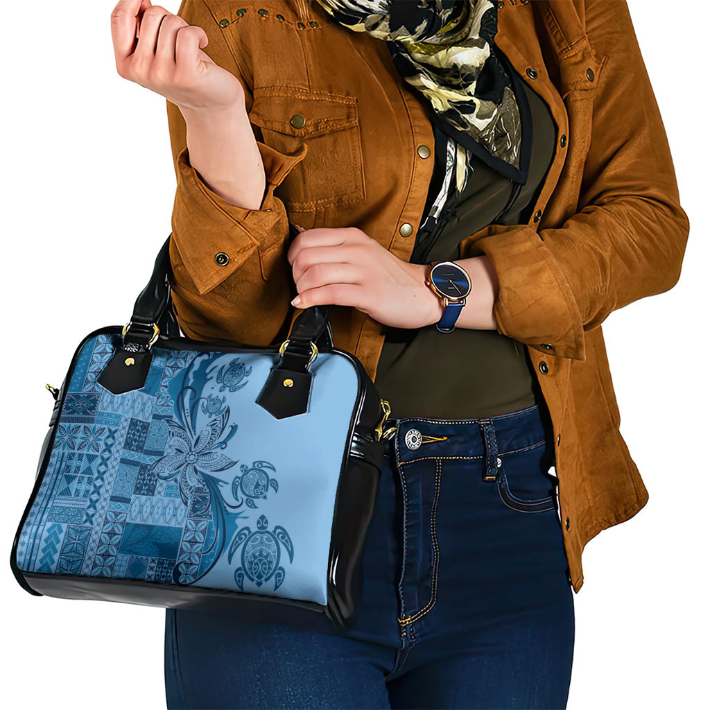 Talofa Samoa Mamanu Siapo Mix Malu Shoulder Handbag Cool Blue Frangipani and Turtles LT7 - Polynesian Pride
