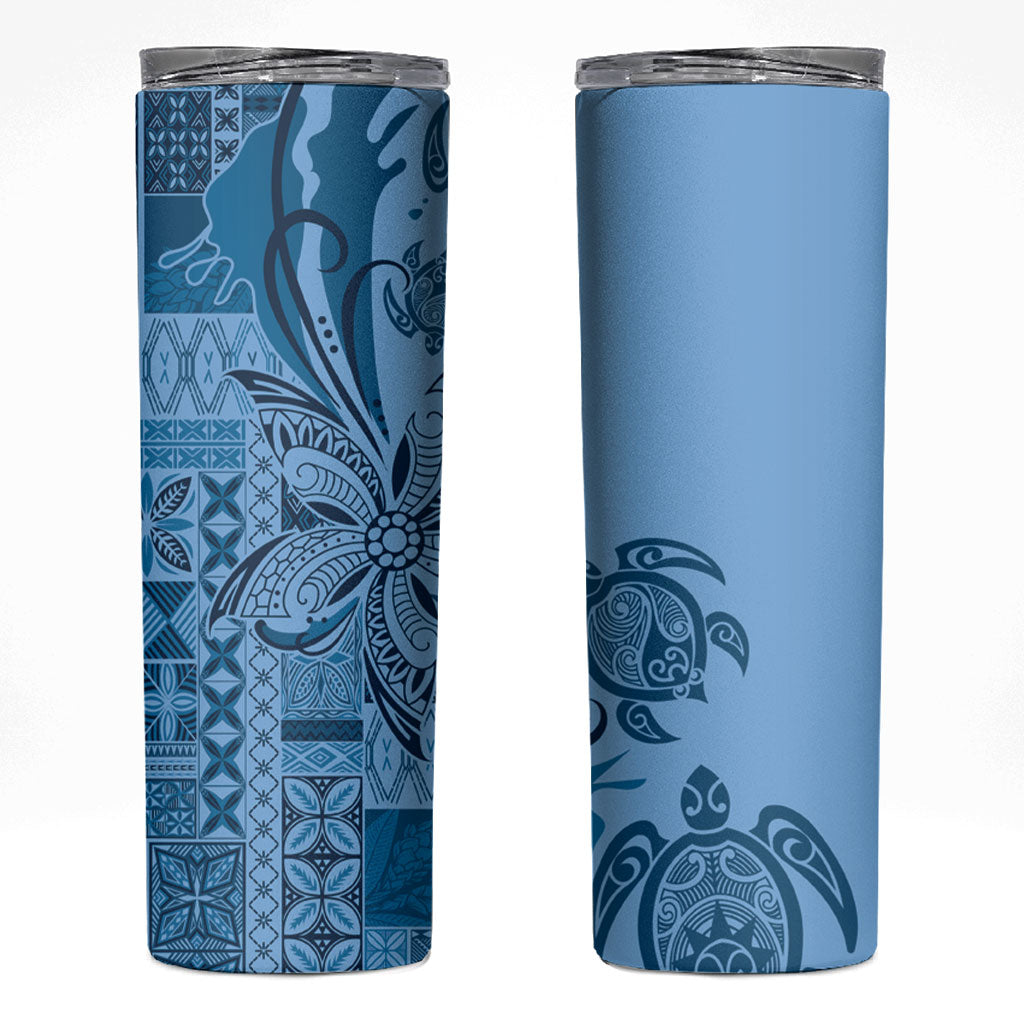 Talofa Samoa Mamanu Siapo Mix Malu Skinny Tumbler Cool Blue Frangipani and Turtles LT7 Blue - Polynesian Pride