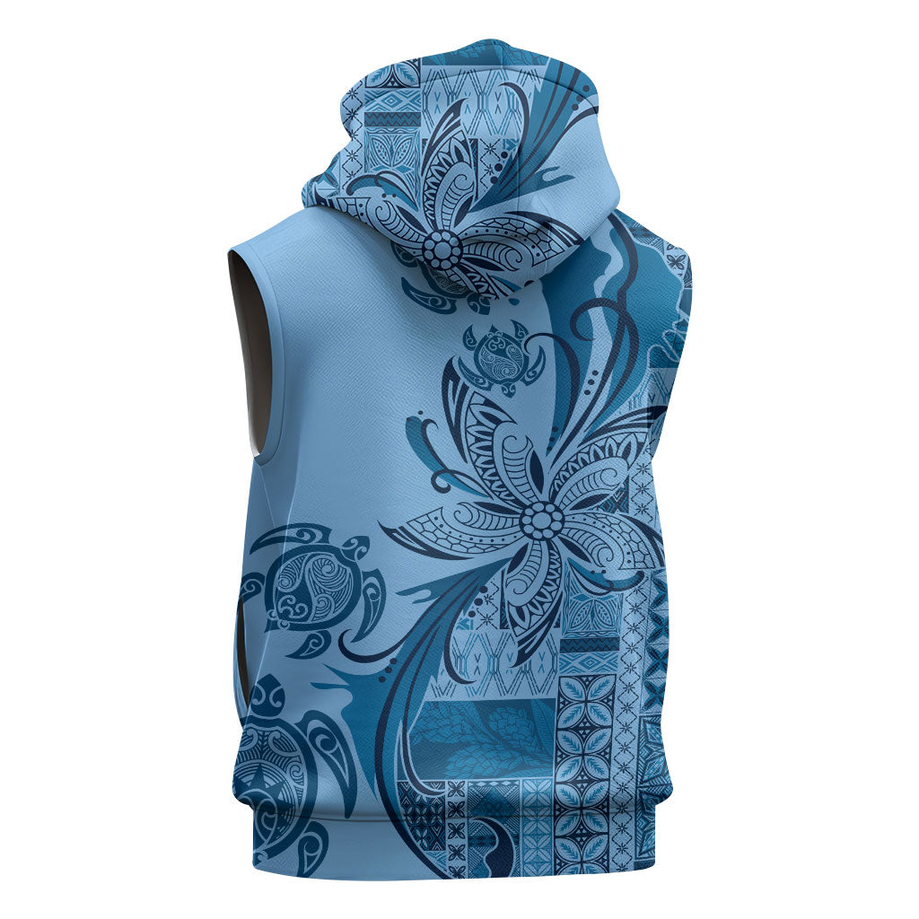 Talofa Samoa Mamanu Siapo Mix Malu Sleeveless Zip Hoodie Cool Blue Frangipani and Turtles LT7 - Polynesian Pride