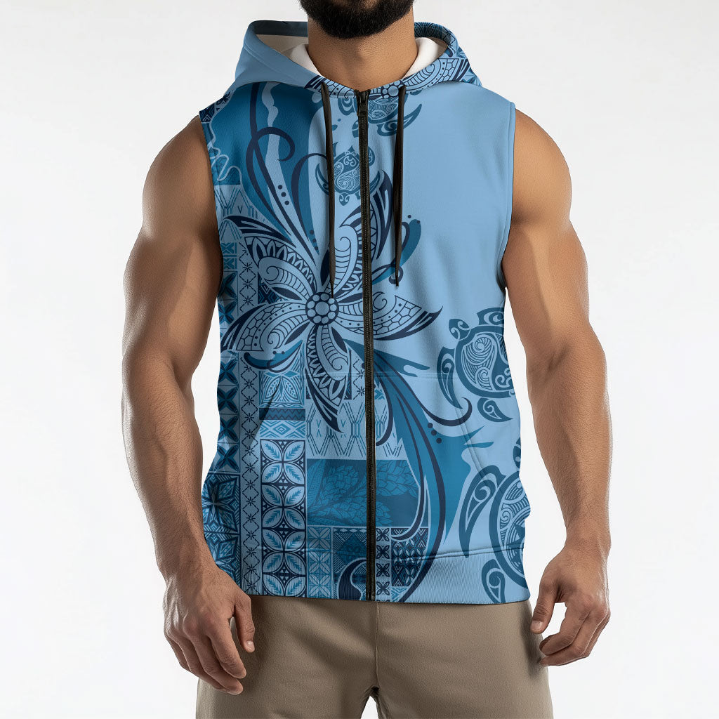 Talofa Samoa Mamanu Siapo Mix Malu Sleeveless Zip Hoodie Cool Blue Frangipani and Turtles LT7 - Polynesian Pride