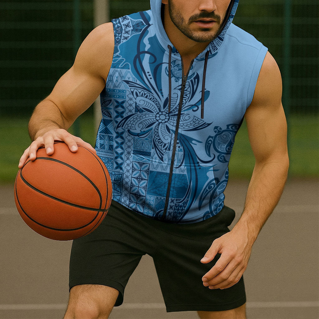 Talofa Samoa Mamanu Siapo Mix Malu Sleeveless Zip Hoodie Cool Blue Frangipani and Turtles LT7 - Polynesian Pride
