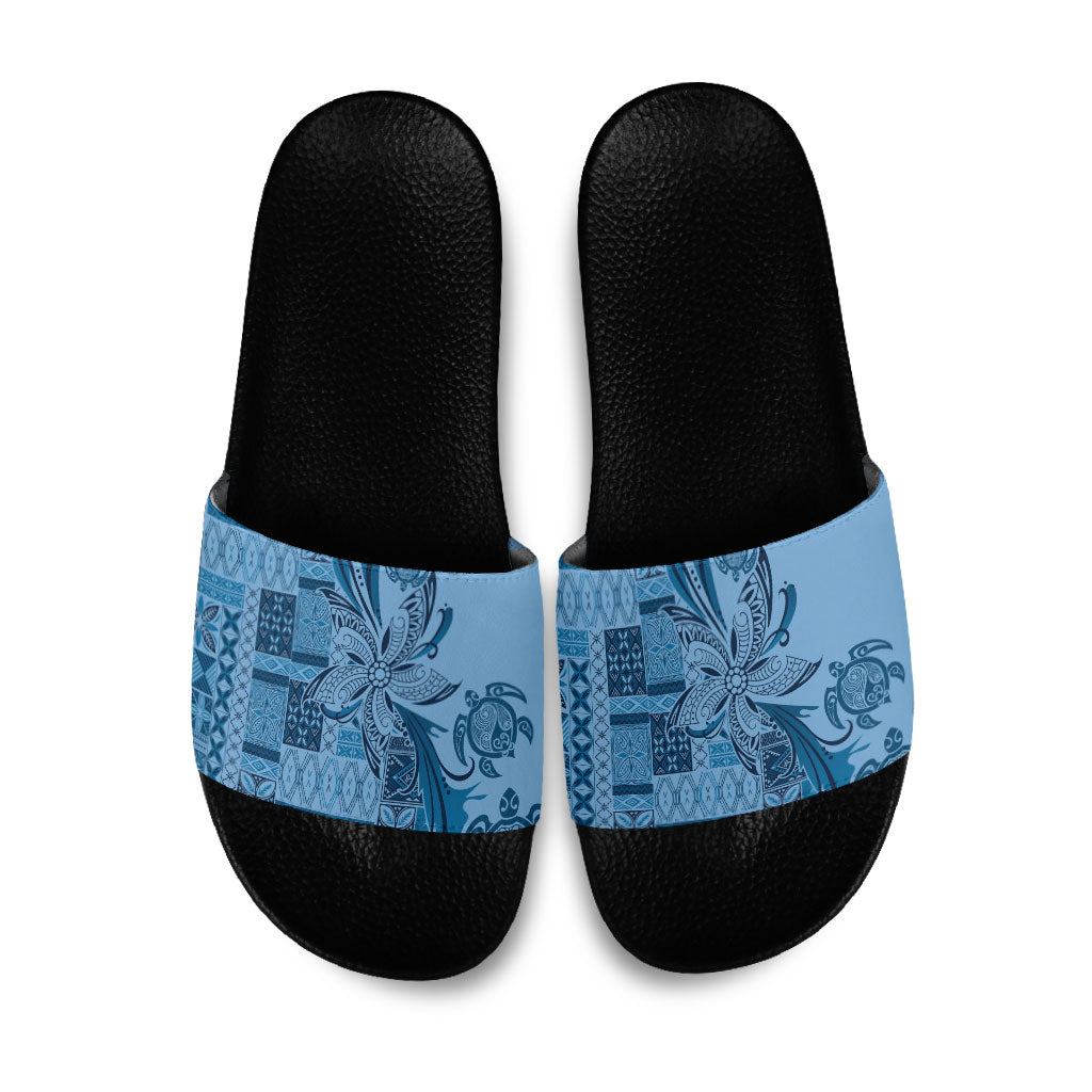 Talofa Samoa Mamanu Siapo Mix Malu Slide Sandals Cool Blue Frangipani and Turtles LT7 Blue - Polynesian Pride