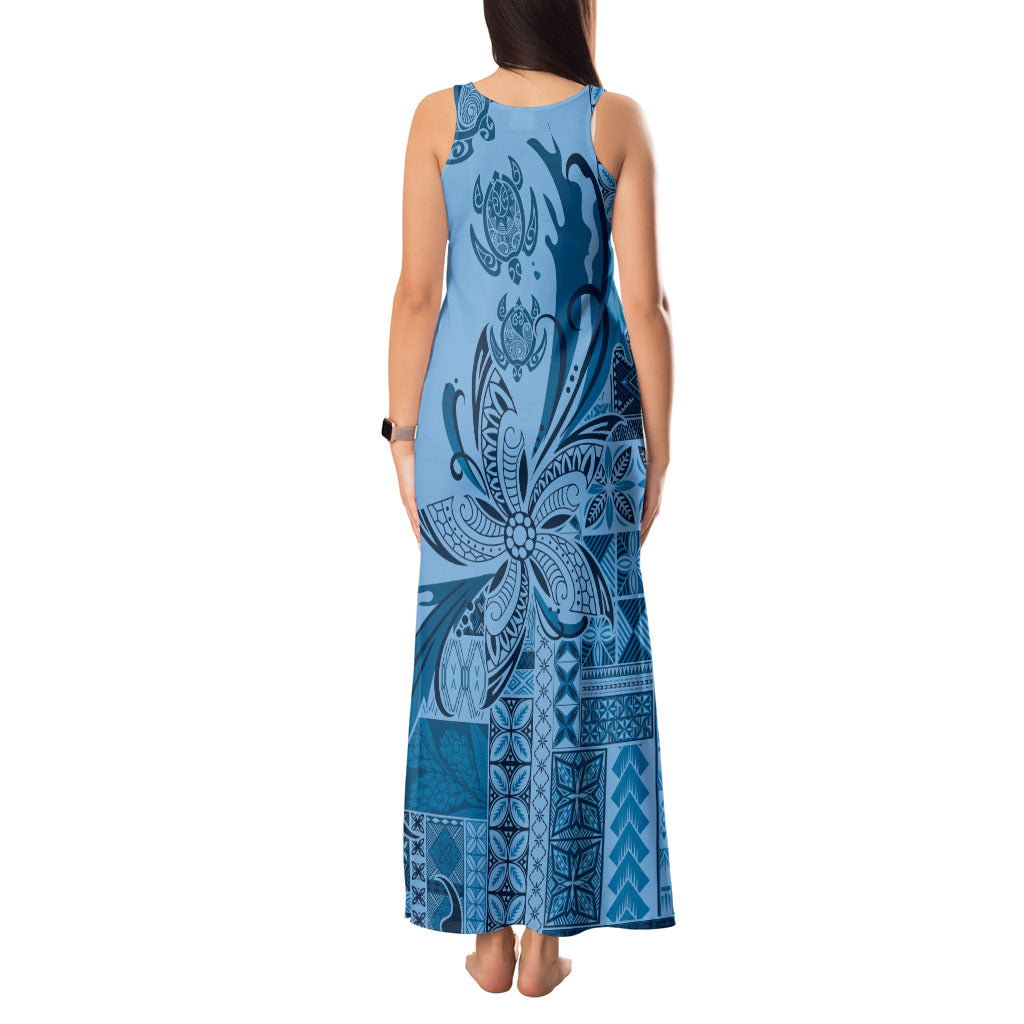 Talofa Samoa Mamanu Siapo Mix Malu Tank Maxi Dress Cool Blue Frangipani and Turtles LT7 - Polynesian Pride