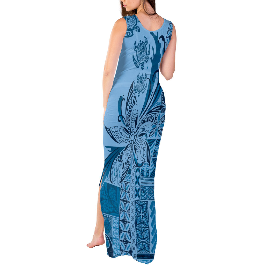 Talofa Samoa Mamanu Siapo Mix Malu Tank Maxi Dress Cool Blue Frangipani and Turtles LT7 - Polynesian Pride