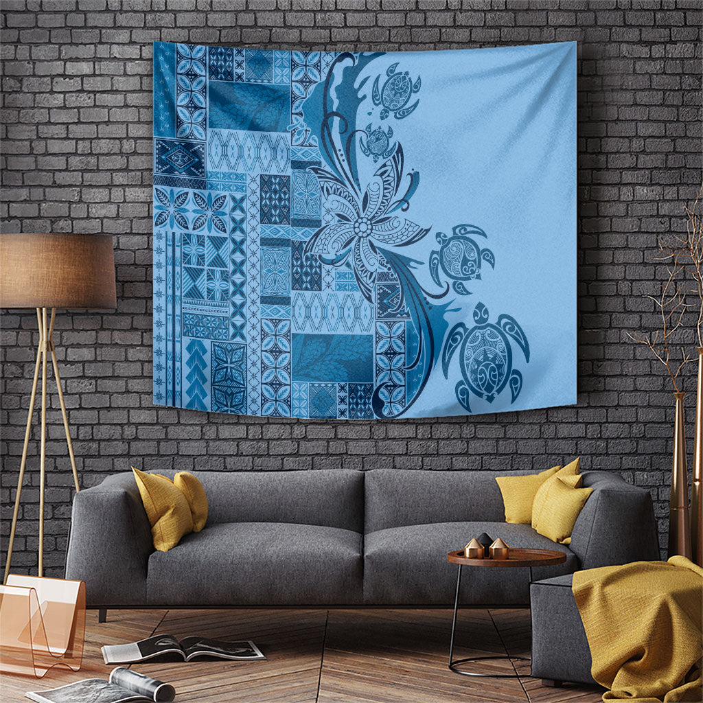 Talofa Samoa Mamanu Siapo Mix Malu Tapestry Cool Blue Frangipani and Turtles