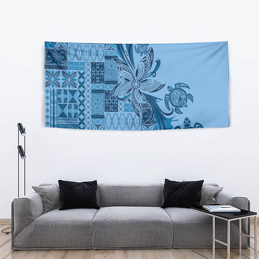 Talofa Samoa Mamanu Siapo Mix Malu Tapestry Cool Blue Frangipani and Turtles
