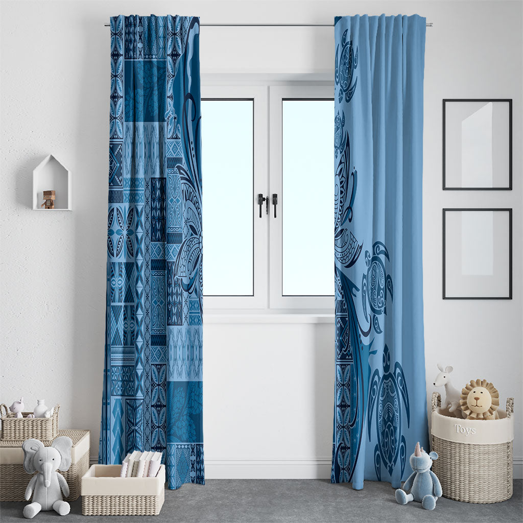 Talofa Samoa Mamanu Siapo Mix Malu Window Curtain Cool Blue Frangipani and Turtles