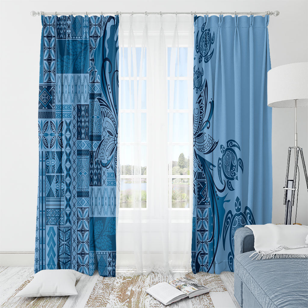 Talofa Samoa Mamanu Siapo Mix Malu Window Curtain Cool Blue Frangipani and Turtles