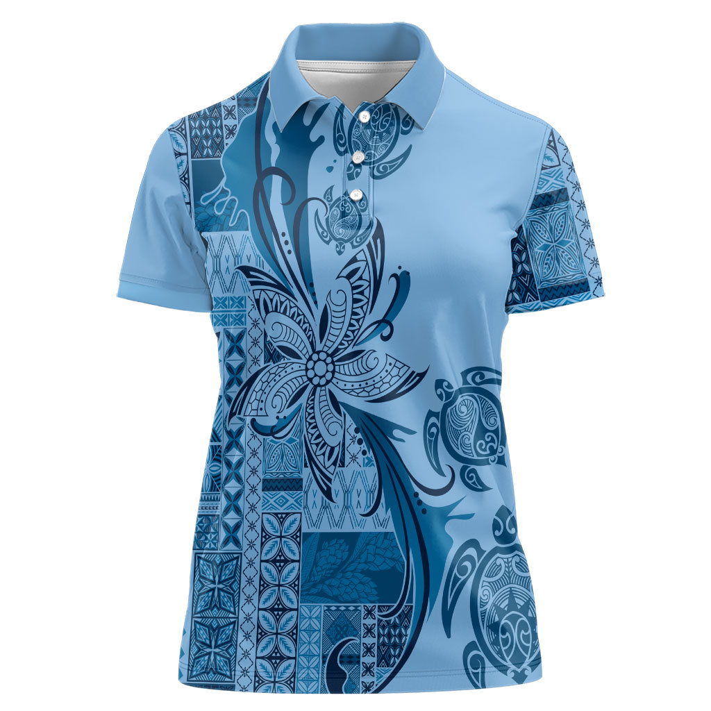 Talofa Samoa Mamanu Siapo Mix Malu Women Polo Shirt Cool Blue Frangipani and Turtles LT7 Female Blue - Polynesian Pride