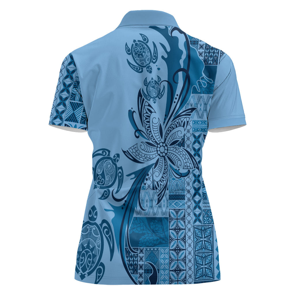 Talofa Samoa Mamanu Siapo Mix Malu Women Polo Shirt Cool Blue Frangipani and Turtles LT7 - Polynesian Pride