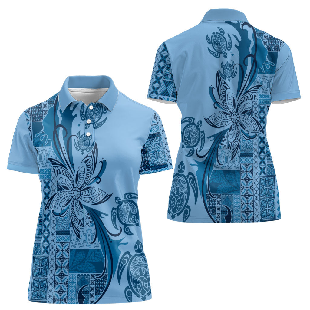 Talofa Samoa Mamanu Siapo Mix Malu Women Polo Shirt Cool Blue Frangipani and Turtles LT7 - Polynesian Pride