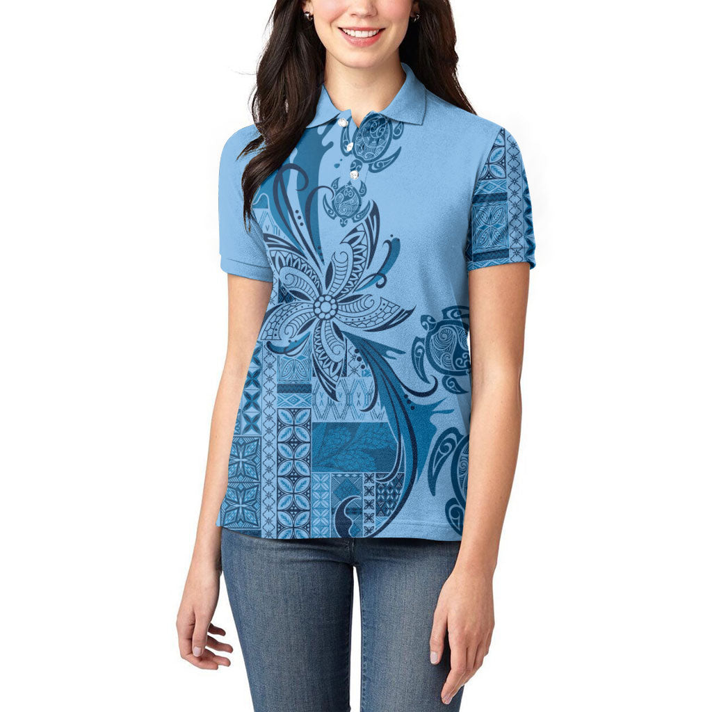 Talofa Samoa Mamanu Siapo Mix Malu Women Polo Shirt Cool Blue Frangipani and Turtles LT7 - Polynesian Pride