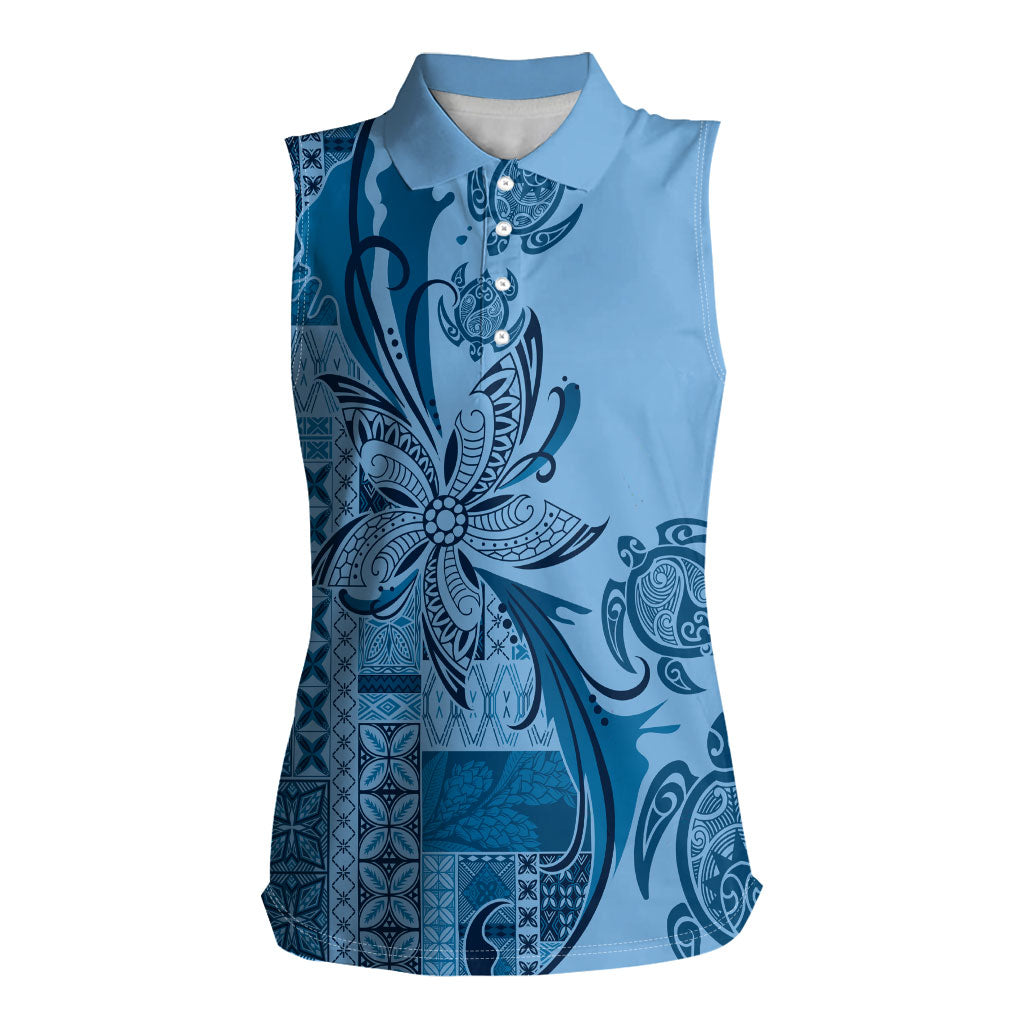 Talofa Samoa Mamanu Siapo Mix Malu Women Sleeveless Polo Shirt Cool Blue Frangipani and Turtles