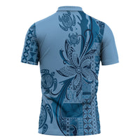 Talofa Samoa Mamanu Siapo Mix Malu Zipper Polo Shirt Cool Blue Frangipani and Turtles