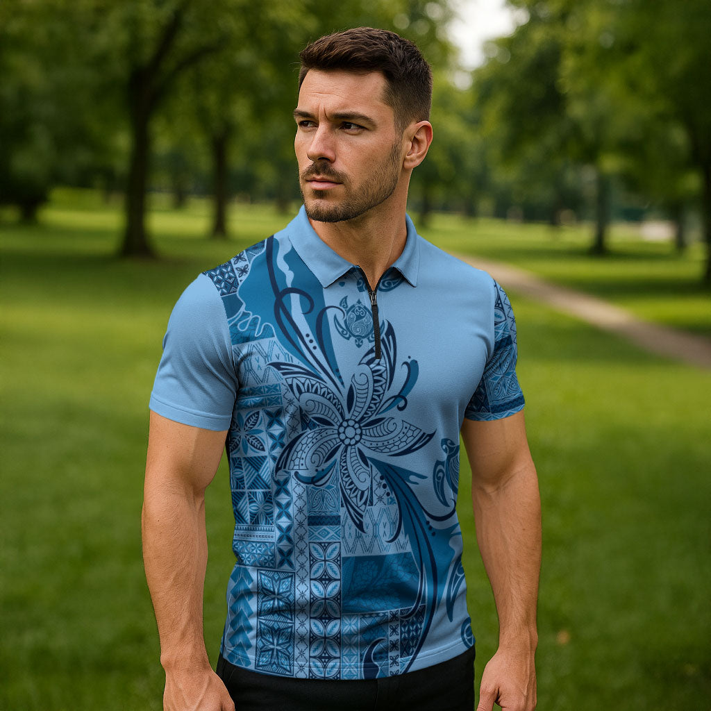 Talofa Samoa Mamanu Siapo Mix Malu Zipper Polo Shirt Cool Blue Frangipani and Turtles