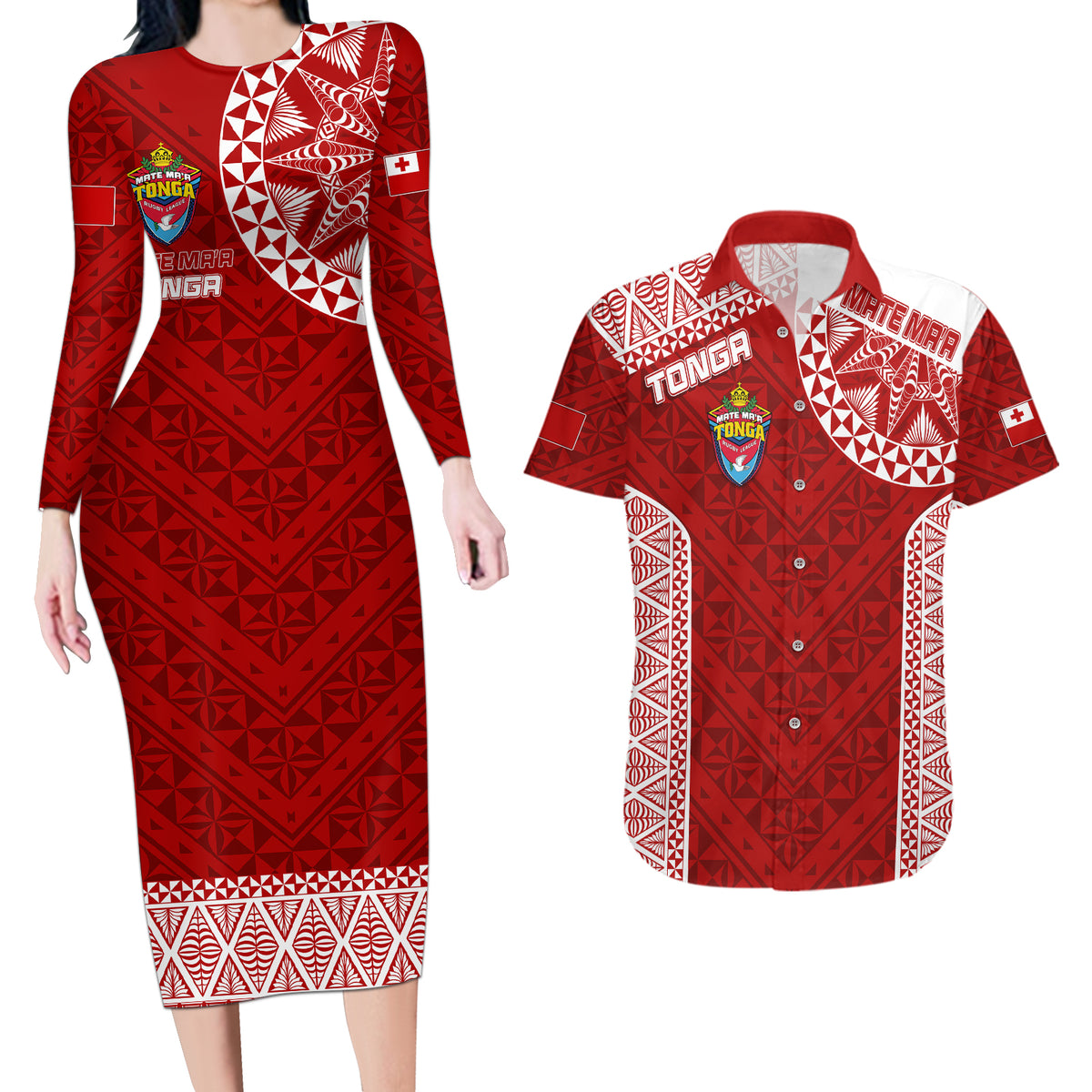Personalised Tonga Rugby Couples Matching Long Sleeve Bodycon Dress and Hawaiian Shirt Mate Ma'a Tonga Champions LT7 Red - Polynesian Pride