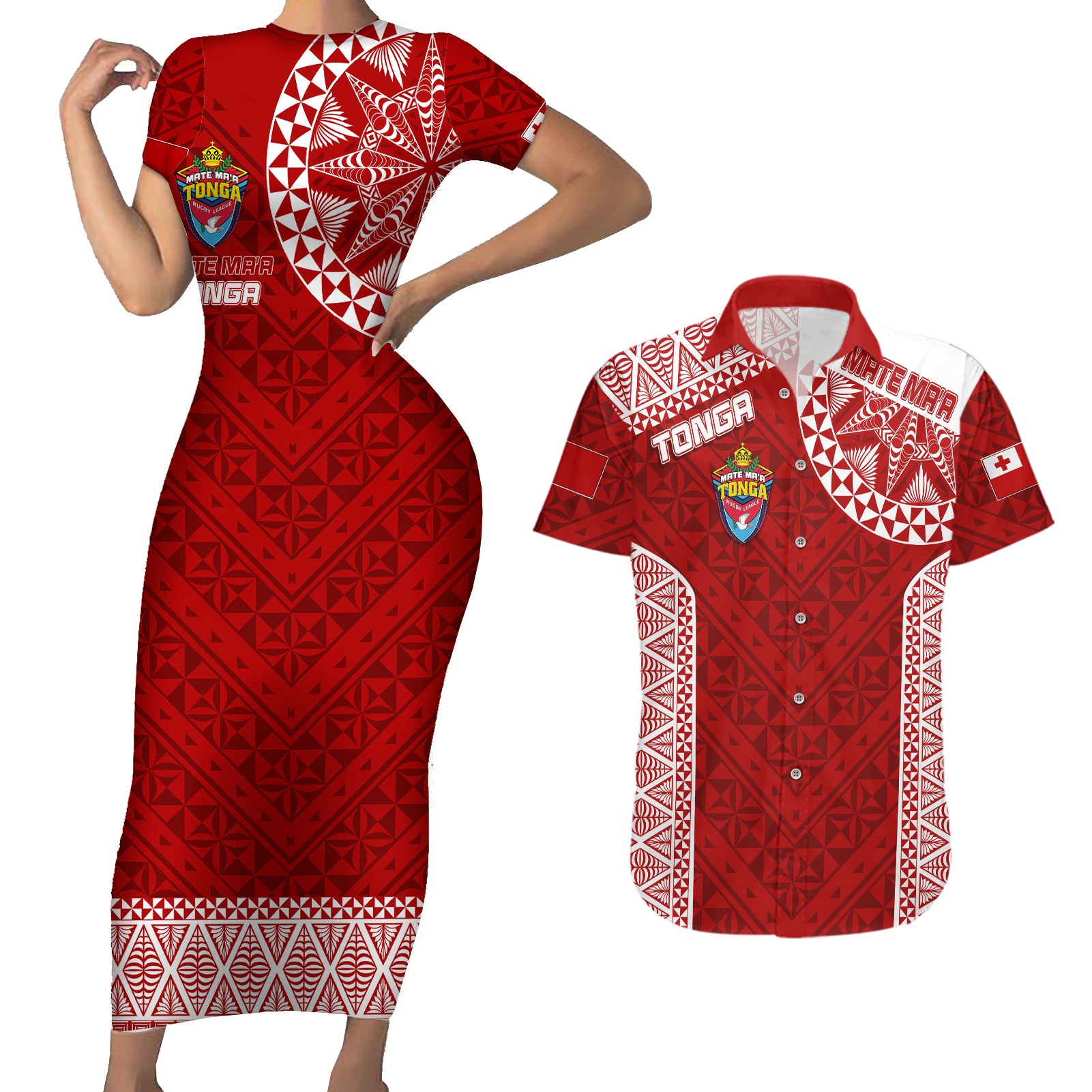 Personalised Tonga Rugby Couples Matching Short Sleeve Bodycon Dress and Hawaiian Shirt Mate Ma'a Tonga Champions LT7 Red - Polynesian Pride