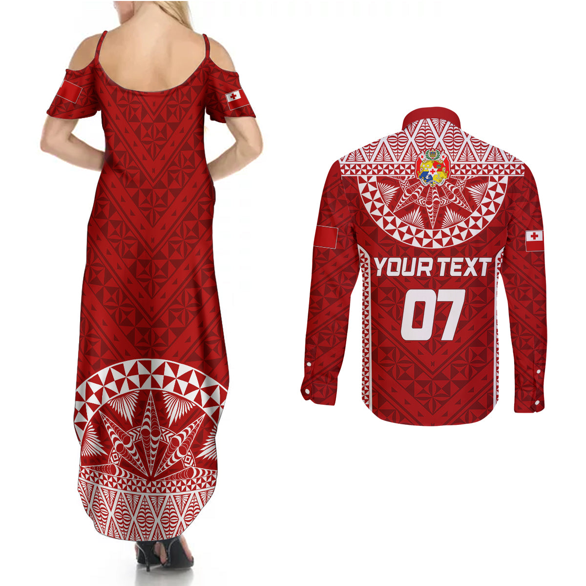 Personalised Tonga Rugby Couples Matching Summer Maxi Dress and Long Sleeve Button Shirts Mate Ma'a Tonga Champions LT7 - Polynesian Pride