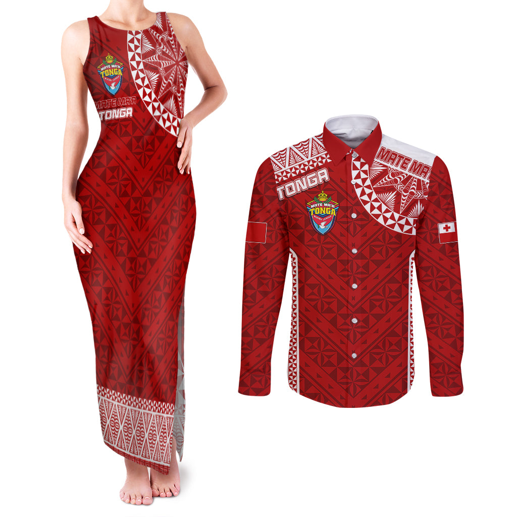 Personalised Tonga Rugby Couples Matching Tank Maxi Dress and Long Sleeve Button Shirts Mate Ma'a Tonga Champions LT7 Red - Polynesian Pride