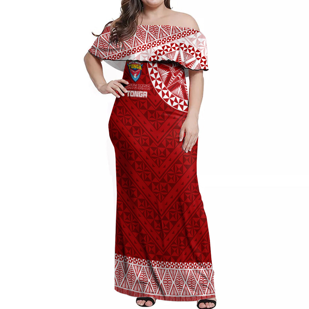 Personalised Tonga Rugby Off Shoulder Maxi Dress Mate Ma'a Tonga Champions LT7 Women Red - Polynesian Pride