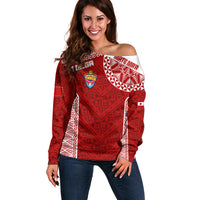 Personalised Tonga Rugby Off Shoulder Sweater Mate Ma'a Tonga Champions LT7 Women Red - Polynesian Pride