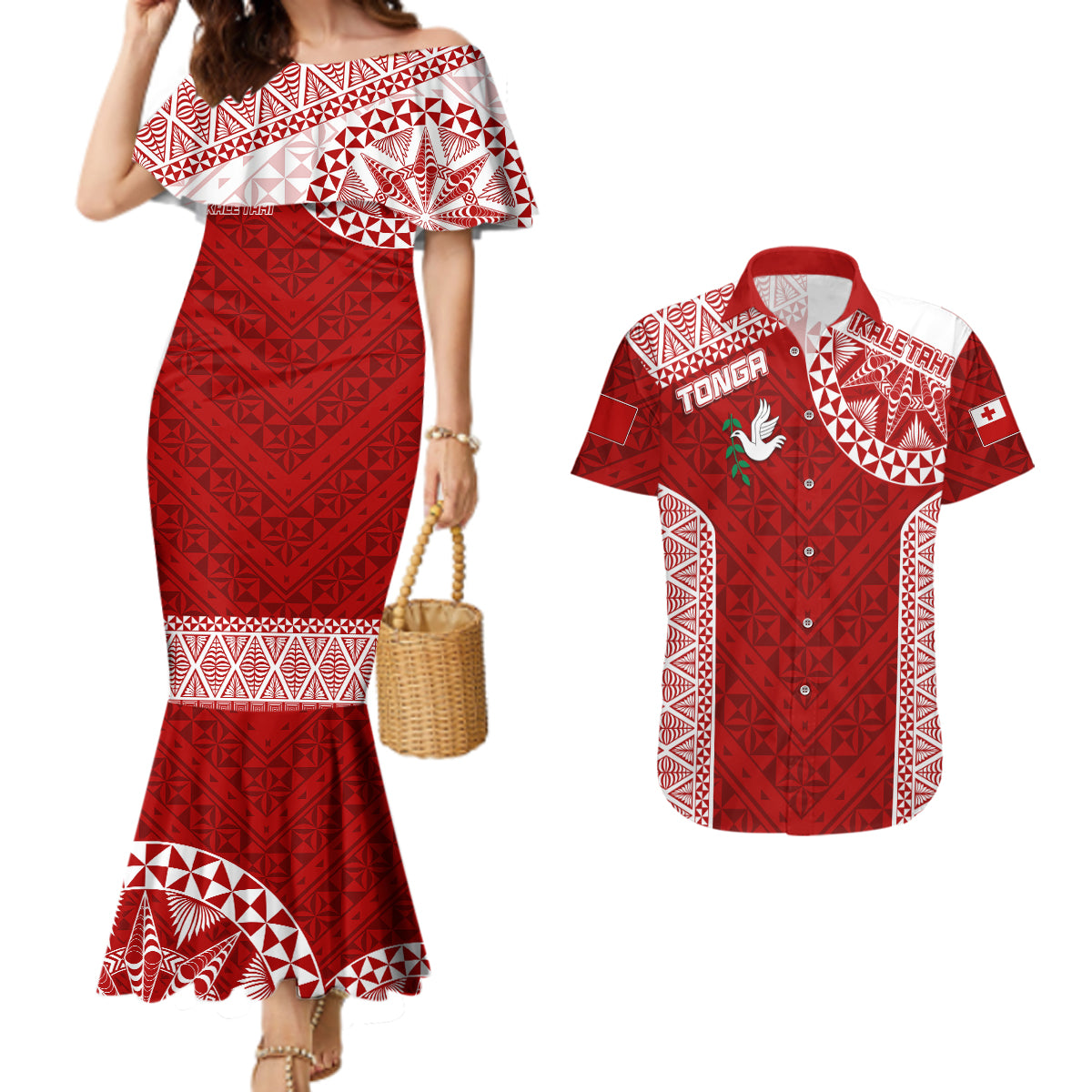 Personalised Tonga Rugby Couples Matching Mermaid Dress And Hawaiian Shirt Ikale Tahi Champions World Cup 2023 LT7 Red - Polynesian Pride