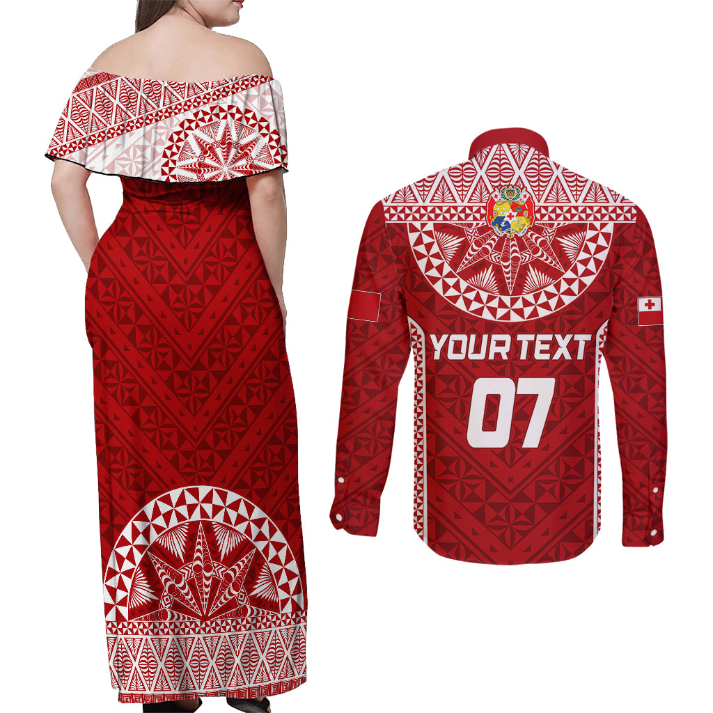 Personalised Tonga Rugby Couples Matching Off Shoulder Maxi Dress and Long Sleeve Button Shirts Ikale Tahi Champions World Cup 2023 LT7 - Polynesian Pride
