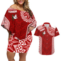 Personalised Tonga Rugby Couples Matching Off Shoulder Short Dress and Hawaiian Shirt Ikale Tahi Champions World Cup 2023 LT7 Red - Polynesian Pride